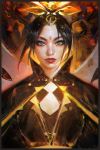  1girl artist_name avatar:_the_last_airbender avatar_(series) azula black_hair cape commentary eyebrows forehead forehead_jewel grey_eyes headdress highres lips lipstick makeup making_of mascara nose portrait realistic ross_tran short_hair solo 