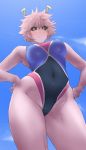 1girl ashido_mina black_sclera blush boku_no_hero_academia breasts clouds competition_swimsuit covered_navel cowboy_shot fingernails from_below hands_on_hips highleg highleg_swimsuit highres horns large_breasts looking_at_viewer minakami_(flyingman555) one-piece_swimsuit outdoors pink_hair pink_skin short_hair sky smile solo standing swimsuit thighs wet yellow_eyes 