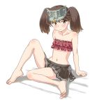  1girl arm_support bandeau barefoot blush brown_eyes brown_hair feet flat_chest full_body highres kantai_collection looking_to_the_side miniskirt navel pleated_skirt ryuujou_(kantai_collection) sitting skirt solo souji_kurokawa swimsuit twintails twitter_username visor_cap 