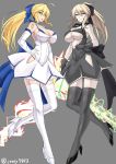  2girls adapted_costume ahoge alternate_costume artoria_pendragon_alter_(fate/grand_order) artoria_pendragon_lancer_(fate/grand_order) bare_shoulders black_dress black_gloves black_legwear black_panties black_ribbon blonde_hair blue_ribbon breasts cleavage cleavage_cutout clenched_hand dress elbow_gloves eyebrows eyebrows_visible_through_hair facial_mark fate/extella fate/extra fate/grand_order fate_(series) frilled_dress frilled_gloves frills frown full_body gloves green_eyes grey_background hair_ribbon hand_on_hip high_heels high_ponytail highres holding holding_weapon lance large_breasts legs long_hair long_legs looking_at_viewer multiple_girls neck_ribbon open_mouth panties polearm rhongomyniad ribbon saber saber_(cosplay) saber_alter side_cutout string_panties takara_joney thigh-highs thighs twitter_username under_boob underwear weapon white_dress white_gloves white_legwear white_panties yellow_eyes 