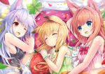  3girls :d animal_ears arm_behind_head bare_shoulders bed_sheet blonde_hair blue_eyes blurry blush bow breasts camisole closed_eyes clover crop_top depth_of_field fang four-leaf_clover fox_ears fox_tail hair_ornament long_hair low_twintails lying medium_breasts midriff multiple_girls navel on_side one_eye_closed open_mouth original panties paw_print pillow red_eyes redhead sideboob silver_hair sleeping small_breasts smile striped striped_panties tail tank_top twintails u_rin underwear upper_body wristband yawning 