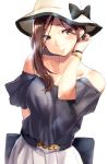  1girl asymmetrical_hair bare_shoulders blouse brown_eyes brown_hair collarbone commentary_request hat highres hiromochi_(hiro39ra1) kimi_no_na_wa long_hair off_shoulder okudera_miki skirt white_skirt 