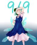  1girl arm_at_side black_ribbon blue_bow blue_dress blue_eyes blue_hair bow cirno closed_mouth dress gradient gradient_background hair_bow highres hikuma ice ice_wings kneehighs looking_at_viewer ribbon short_hair short_sleeves smile solo standing touhou wavy_hair white_legwear wings 