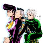  3boys anchor_symbol blue_hair dollar_sign facial_mark gakuran grey_hair heart higashikata_jousuke hirose_kouichi hotaru_(ss801) jojo_no_kimyou_na_bouken lavender_eyes male_focus multicolored_hair multiple_boys nijimura_okuyasu piggyback pin pompadour purple_hair school_uniform sweatdrop two-tone_hair 