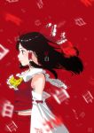  1girl arms_at_sides ascot black_hair bow breasts detached_sleeves expressionless eyelashes frilled_bow frilled_shirt_collar frills hair_bow hair_tubes hakurei_reimu kanji kitano_(kitanosnowwhite) layered_clothing medium_breasts midriff profile red_background red_eyes red_shirt red_skirt ribbon-trimmed_sleeves ribbon_trim shirt signature skirt sleeveless sleeveless_shirt solo touhou translation_request upper_body wide_sleeves wind 