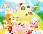  apron blue_eyes blueberry blush_stickers brown_eyes brown_hat bush chef_hat chimney cloth clouds commentary_request cup drinking_glass flat_cap food fork froth fruit hat highres kinuyo_(kinuxi) kirby kirby_(series) maxim_tomato open_mouth outdoors pancake pennant plate rainbow raspberry smile smoke spoon star star_pin strawberry tree waddle_dee white_hat 