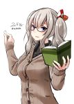  1girl artist_name blue_eyes book chalk dated glasses highres kantai_collection kashima_(kantai_collection) nekobaka ribbed_sweater signature silver_hair simple_background solo sweater twintails 