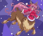  1girl absurdres antlers bell blue_eyes blush breasts centauroid christmas commentary_request fur_trim gloves great_magami hat highres long_hair looking_at_viewer monster_girl open_mouth original pink_hair reindeer reindeer_antlers santa_costume santa_hat smile solo tail 