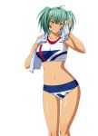  1girl buruma collarbone crop_top eyebrows eyebrows_visible_through_hair green_eyes green_hair ikkitousen ishikei long_hair midriff navel ryofu_housen shiny shiny_skin short_twintails smile solo towel towel_around_neck twintails white_background 