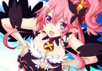  1girl :d artist_name beach breasts crown disgaea fang feathers iwasi-r large_breasts leaning_forward looking_at_viewer makai_senki_disgaea_5 necktie ocean open_mouth pink_hair pointy_ears ponytail seraphina_(disgaea) short_hair sky smile solo violet_eyes 