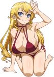  1girl arm_support arm_up barefoot bikini blonde_hair blue_eyes body_blush breasts claire_harvey cleavage eyebrows eyebrows_visible_through_hair hundred kasanui kneeling large_breasts long_hair looking_at_viewer red_bikini simple_background smile solo swimsuit waving white_background 