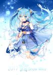  &gt;_&lt; 1girl 2017 blue_dress blue_eyes blue_hair character_name closed_eyes detached_sleeves dress fingerless_gloves gloves hatsune_miku highres kneeling long_hair maokezi open_mouth rabbit snowflakes twintails very_long_hair vocaloid yuki_miku yukine_(vocaloid) 