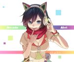  1girl ahri alternate_costume animal_ears arcade_ahri bracelet breasts cleavage fox_ears haruwakame headphones jewelry large_breasts league_of_legends midriff mole mole_under_eye multiple_tails nail_polish navel open_mouth purple_hair red_scarf scarf short_hair solo tail thigh-highs twitter_username 