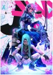  2girls alternate_hairstyle aqua_hair blue_eyes breasts electricity flat_chest gauntlets goggles goggles_around_neck hair_down heart jinx_(league_of_legends) league_of_legends lips long_hair multiple_girls oversize_forearms pantyhose pink_eyes pink_hair print_legwear ross_tran short_hair small_breasts spoken_heart squatting vi_(league_of_legends) 
