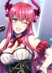 1girl armband asymmetrical_horns bare_shoulders blue_eyes breasts cleavage corset dress fate/extra fate/extra_ccc fate_(series) frills hair_down holding horns idol lancer_(fate/extra_ccc) long_hair microphone one_eye_closed open_mouth orii pink_hair pointy_ears signature smile solo upper_body 
