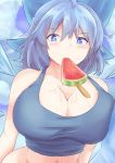  1girl bare_arms bare_shoulders blue_eyes blue_hair blush bow breasts camisole cirno hair_bow highres hips huge_breasts ice ice_wings long_hair mouth_hold navel older popsicle short_hair solo sweat touhou uchisukui watermelon_bar wings 