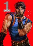  1boy black_hair blue_eyes fingerless_gloves gloves hand_in_front_of_face jojo_no_kimyou_na_bouken jojo_pose jonathan_joestar male_focus muscle navel pose shirt sleeveless sleeveless_shirt smile solo ug_(ugg) upper_body 