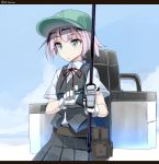  1girl belt blouse blue_eyes buttons cowboy_shot eyebrows eyebrows_visible_through_hair fishing_rod gloves hat heavens_thunder_(byakuya-part2) holding holding_fishing_rod kantai_collection letterboxed neck_ribbon outdoors pink_hair pleated_skirt pocket ponytail pouch red_ribbon ribbon school_uniform shiranui_(kantai_collection) short_sleeves skirt sky solo twitter_username vest white_blouse white_gloves 