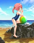  1girl absurdres ball barefoot beach beachball candy chin_rest clouds eating food fruit green_eyes hair_ornament highres lollipop long_hair ocean one-piece_swimsuit open_mouth original outdoors pink_hair ponytail rock school_swimsuit shiny shiny_clothes skindentation sky smile solo strawberry swimsuit tongue tongue_out 