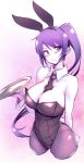  1girl animal_ears bare_shoulders between_breasts blush breasts bunny_girl bunnysuit cleavage detached_collar do_(taka) fake_animal_ears highres large_breasts leotard long_hair necktie pantyhose purple_hair rabbit_ears simple_background solo tray violet_eyes wrist_cuffs 