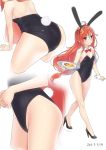  1girl 2016 ahoge ama_mitsuki animal_ears ass back bare_legs bare_shoulders black_leotard black_shoes blush bow bowtie breasts brown_eyes bunny_girl bunny_tail bunnysuit commentary_request crescent crescent_hair_ornament dated detached_collar fake_animal_ears food hair_ornament hairband high_heels kantai_collection leotard long_hair low-tied_long_hair multiple_views rabbit_ears red_bow red_bowtie redhead shoes simple_background small_breasts smile solo tail tray uzuki_(kantai_collection) white_background wrist_cuffs 