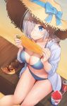  1girl beach bikini blue_bikini blue_eyes breasts can corn eating food food_on_face hair_ornament hair_over_one_eye hamakaze_(kantai_collection) hat highres kantai_collection konnyaku_(kk-monmon) large_breasts looking_at_viewer shaved_ice silver_hair solo straw_hat swimsuit swimsuit_under_clothes takoyaki 