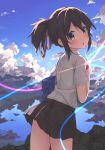  1girl bag black_hair blush brown_eyes clouds cloudy_sky ezoshika_gg hair_ribbon highres kimi_no_na_wa looking_back miyamizu_mitsuha parted_lips pleated_skirt ponytail ribbon school_uniform short_hair skirt sky solo sun sunlight 