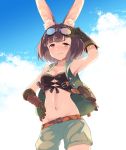  1girl animal_ears belt breasts brown_eyes brown_hair calm_mashiro cleavage gloves goggles goggles_on_head highres hound_(sekaiju) midriff rabbit_ears sekaiju_no_meikyuu sekaiju_no_meikyuu_5 shorts sweat 