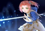  1girl dress eleanor_hume fingerless_gloves gloves green_eyes hair_ornament highres long_hair open_mouth pink_hair polearm sll solo spear tales_of_(series) tales_of_berseria twintails weapon 