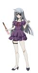  1girl ahoge brown_eyes collarbone dress eyebrows eyebrows_visible_through_hair eyepatch full_body highres holding holster infinite_stratos laura_bodewig long_hair looking_at_viewer purple_dress red_ribbon ribbon silver_hair solo thigh_holster transparent_background 