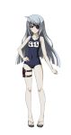  1girl ahoge brown_eyes collarbone covered_navel eyebrows eyebrows_visible_through_hair eyepatch full_body hand_on_hip highres holster infinite_stratos laura_bodewig long_hair looking_at_viewer school_swimsuit silver_hair solo swimsuit thigh_holster transparent_background 