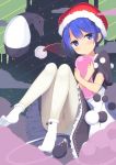  1girl animal black_dress blue_eyes blue_hair blush commentary_request cow_tail doremy_sweet dream_soul dress eyebrows eyebrows_visible_through_hair hat highres looking_at_viewer megarisu nightcap object_hug pantyhose pom_pom_(clothes) sitting socks solo tail tapir touhou white_legwear 