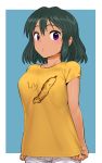  1girl :&lt; black_hair blush breasts clothes_writing commentary_request dark_skin idolmaster idolmaster_cinderella_girls large_breasts looking_at_viewer natalia_(idolmaster) pettan_p shirt short_hair simple_background solo t-shirt violet_eyes 