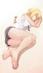  1girl barefoot batatata77 blonde_hair braid closed_eyes error fate/apocrypha fate_(series) feet highres legs long_hair lying on_side ruler_(fate/apocrypha) shorts single_braid sleeping sleeveless soles solo thighs toes 