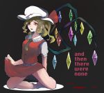  1girl ascot asymmetrical_hair blonde_hair blood bow crystal flandre_scarlet hat hat_bow holding_skirt mob_cap open_mouth red_eyes sakagami_(oshmkfa120) side_ponytail solo touhou wings 