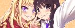  2girls alphy bangs black_eyes black_hair blonde_hair blush braid cagliostro_(granblue_fantasy) collared_shirt eyebrows eyebrows_visible_through_hair granblue_fantasy grin hair_between_eyes hairband long_hair long_sleeves multiple_girls orange_background original outline shirt single_braid smile star starry_background v violet_eyes white_shirt 