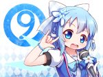  (9) 1girl adapted_costume blue_dress blue_eyes blue_hair bow bracelet cirno dated dress hair_bow ice ice_wings jewelry langbazi microphone sailor_collar seikan_hikou short_hair signature solo touhou wings 