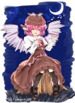  1girl :d animal_ears arm_garter bird_wings black_legwear black_shoes blush brown_dress closed_eyes commentary_request crescent_moon dress full_body hat highres juliet_sleeves long_sleeves mary_janes mob_cap moon music musical_note mystia_lorelei open_mouth pink_hair puffy_sleeves ramudia_(lamyun) shoes short_hair singing smile socks solo touhou twitter_username winged_shoes wings 