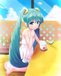  1girl aqua_hair barefoot blue_eyes clouds commentary_request dress eating from_side hatsune_miku highres long_hair looking_at_viewer shaved_ice sky solo strap_slip twintails very_long_hair vocaloid white_dress 