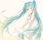  1girl aqua_eyes aqua_hair dress hair_ornament hairclip hatsune_miku highres long_hair one_eye_closed smile solo takanashie twintails very_long_hair vocaloid white_dress 