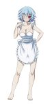  1girl apron barefoot blue_hair breasts cleavage collarbone eyebrows eyebrows_visible_through_hair full_body highres index_finger_raised infinite_stratos large_breasts looking_at_viewer naked_apron one_eye_closed red_eyes sarashiki_tatenashi short_hair smile solo transparent_background white_apron 