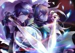  1boy 1girl armor bangs blue_hair cape commentary_request crown falchion_(weapon) father_and_daughter fire_emblem fire_emblem:_kakusei gloves holding holding_sword holding_weapon krom long_hair looking_at_viewer lucina sayaomu short_hair shoulder_armor sidelocks sword weapon 