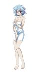  1girl bare_shoulders barefoot blue_hair breasts cleavage collarbone eyebrows eyebrows_visible_through_hair full_body highres infinite_stratos large_breasts looking_at_viewer naked_towel red_eyes sarashiki_tatenashi short_hair smile solo towel transparent_background white_towel 