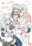  4boys animal_ears apron blue_hair blush brown_hair carrying cat_ears cat_tail circlet closed_eyes crossdressinging long_hair maid maid_apron male_focus mikleo_(tales) multicolored_hair multiple_boys multiple_persona open_mouth otoko_no_ko ponytail shiitake_(gensoudou) short_hair shoulder_carry smile sorey_(tales) tail tales_of_(series) tales_of_zestiria teenage thigh-highs two-tone_hair violet_eyes white_hair 