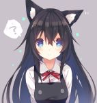  1girl ? animal_ears asashio_(kantai_collection) black_hair blue_eyes blush breasts buttons cat_ears eyebrows eyebrows_visible_through_hair grey_background kantai_collection kemonomimi_mode long_hair long_sleeves looking_at_viewer motion_lines neck_ribbon p19 parted_lips red_ribbon remodel_(kantai_collection) ribbon school_uniform shirt simple_background small_breasts solo speech_bubble spoken_question_mark suspenders upper_body white_shirt 