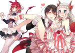  1boy 2girls apron blue_eyes blush bow breasts brown_hair carrying cleavage closed_eyes demon_tail dress flower gloves hair_ribbon hairband heart heart_print hime_cut holding horns leg_garter maid multiple_girls open_mouth princess_carry red_eyes redhead ribbon shoes short_hair silver_hair simple_background tail tanuma_(tyny) waist_apron wavy_mouth white_background white_legwear 