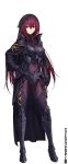  1girl absurdres alternate_costume armor bodysuit breastplate cape covered_navel fate/grand_order fate_(series) full_body gauntlets greaves hand_on_hip highres long_hair looking_at_viewer purple_hair red_eyes scathach_(fate/grand_order) shijiu_(adamhutt) shoulder_armor simple_background solo thigh-highs thighhighs_over_bodysuit veil very_long_hair white_background 