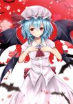  1girl bat bat_wings blue_hair breasts brooch cravat hands_on_own_chest hat hat_ribbon highres jewelry looking_at_viewer mob_cap puffy_short_sleeves puffy_sleeves red_background red_eyes remilia_scarlet ribbon short_hair short_sleeves sinkai skirt skirt_set small_breasts smile solo splatter touhou two-tone_background white_background wings 