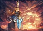  &gt;:3 1girl :3 blonde_hair blue_dress charlotta_(granblue_fantasy) closed_eyes closed_mouth crown dress full_body gauntlets granblue_fantasy hair_between_eyes hands_on_hilt long_hair own_hands_together pointy_ears puffy_sleeves shield solo standing sword weapon wooden_box yilx 