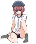  1girl arm_support blush brown_eyes buruma collarbone commentary_request gym_uniform hat highres hiroyuki kantai_collection pun redhead shirt_pull short_hair sitting socks white_background z3_max_schultz_(kantai_collection) 